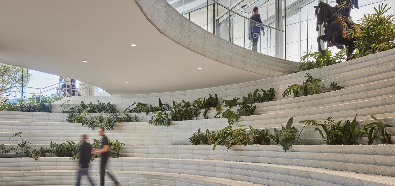 Interior common space in the Harwood No. 14 building featuring modern architecture and foliage.