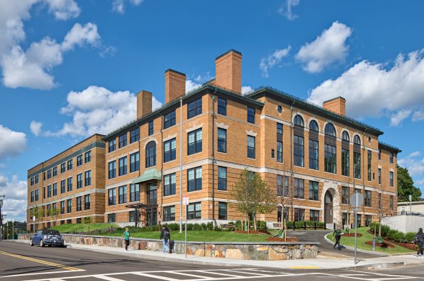 Exterior wide view of the Pryde senior living facility newly renovated.
